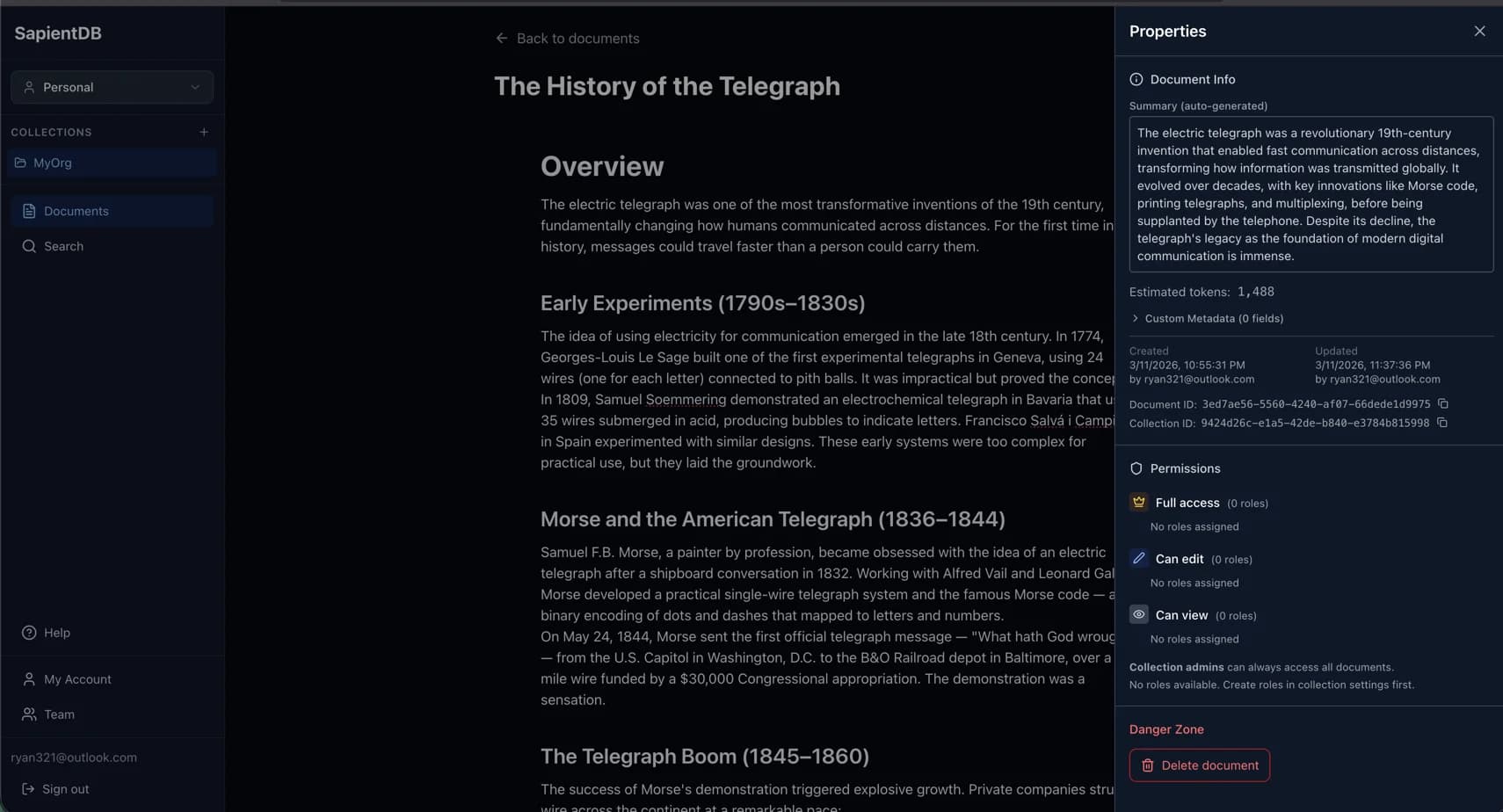 SapientDB document editor showing a document with blocks, properties panel, and permissions